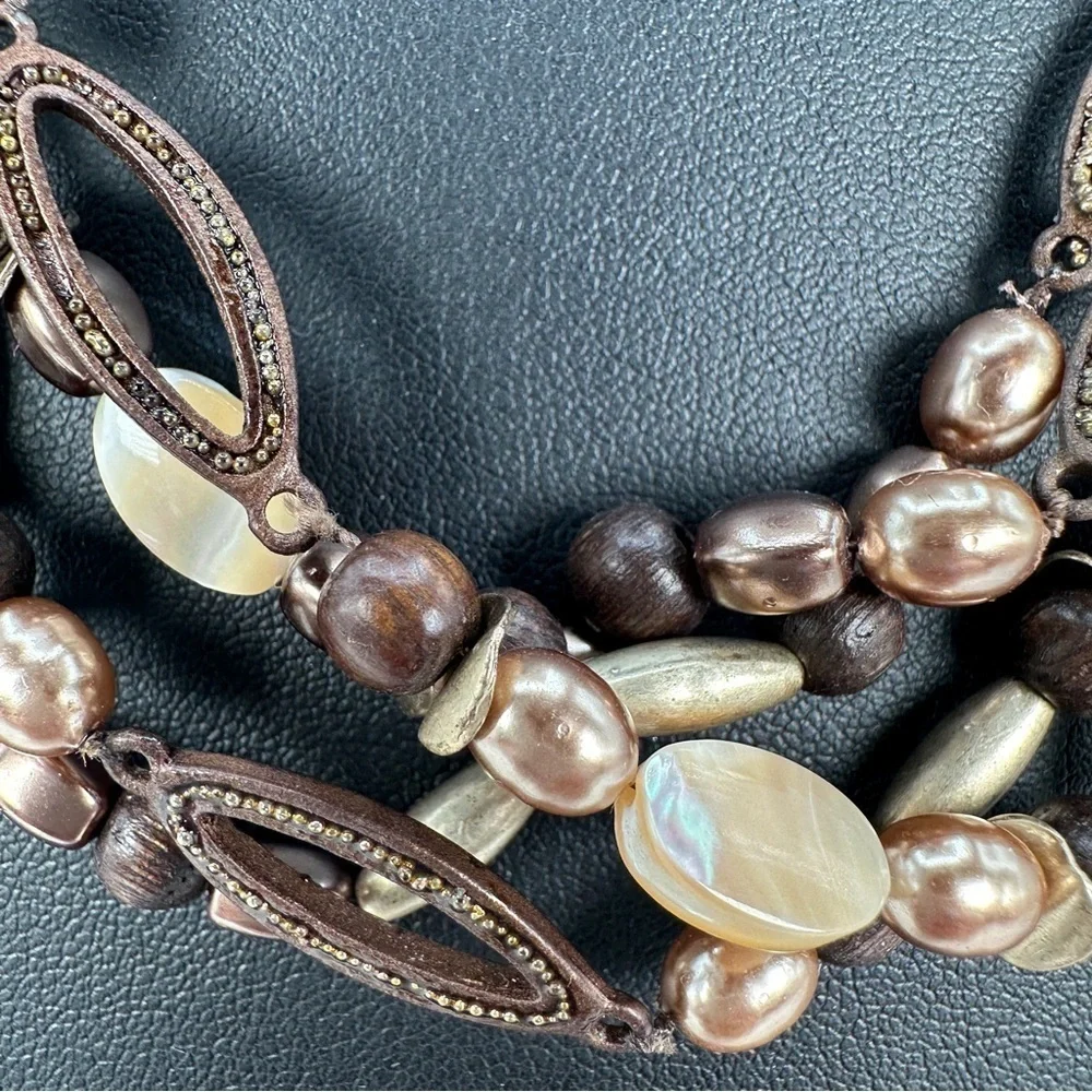 Coldwater Creek Layered Beaded Necklace Brown and Mother of Pearl Adjustable